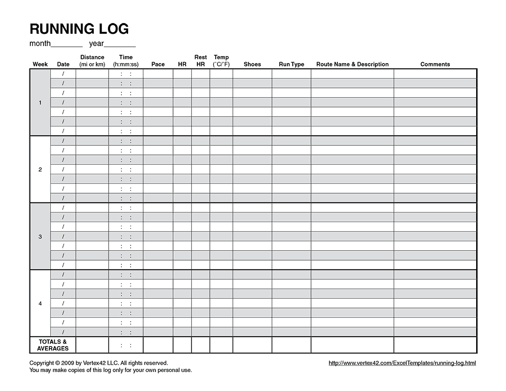 Free Printable Running Log (Pdf) From Vertex42 | Running - Free Printable Running Log