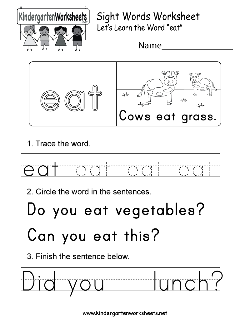 Free Printable Sight Word (Eat) Worksheet For Kindergarten - Free Printable Sight Word Worksheets