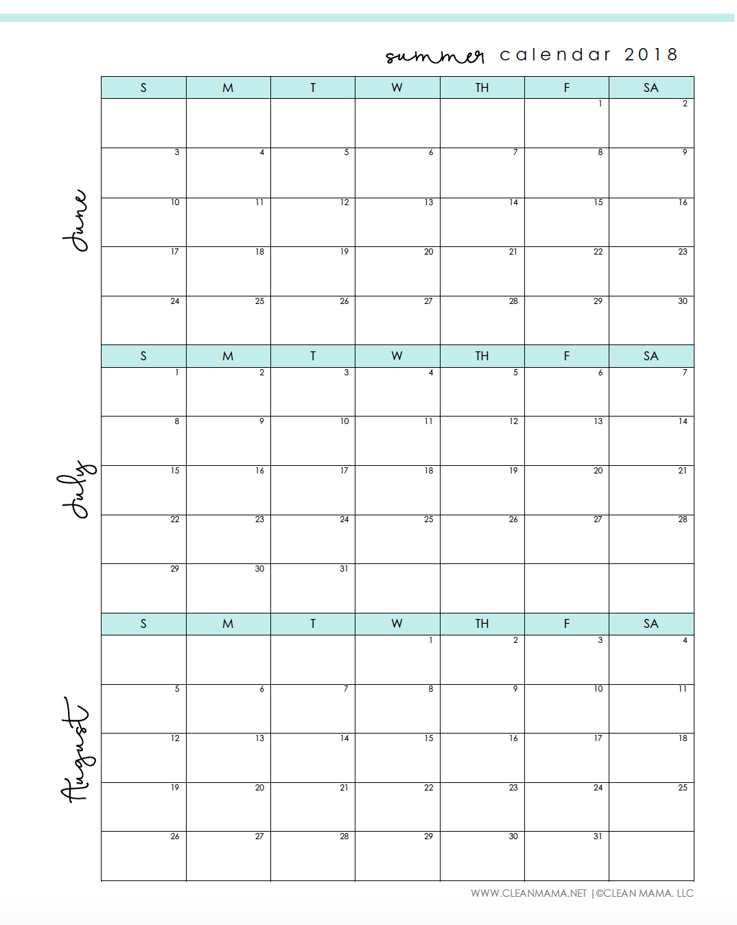 Free Printable : Summer 2018 Calendar - Clean Mama - Free Printable Schedule