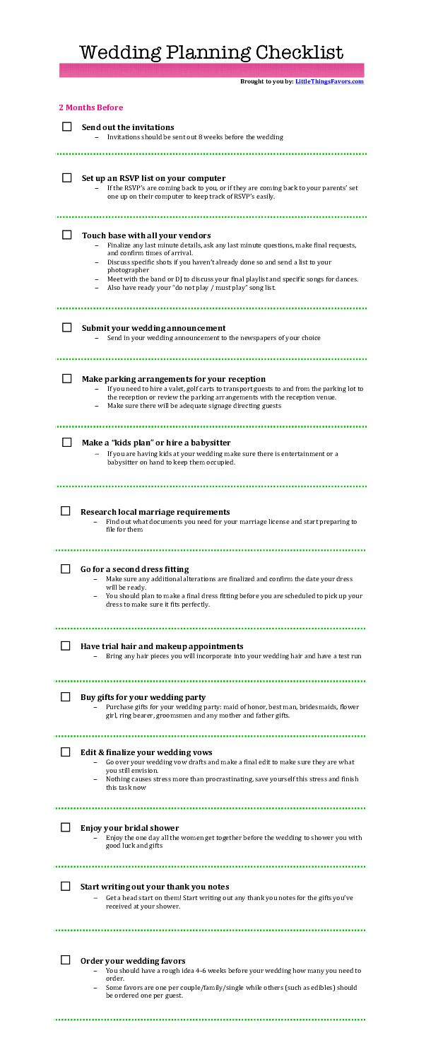 Free Printable #wedding #planning #checklist For 2 Months Before The - Free Printable Wedding Checklist