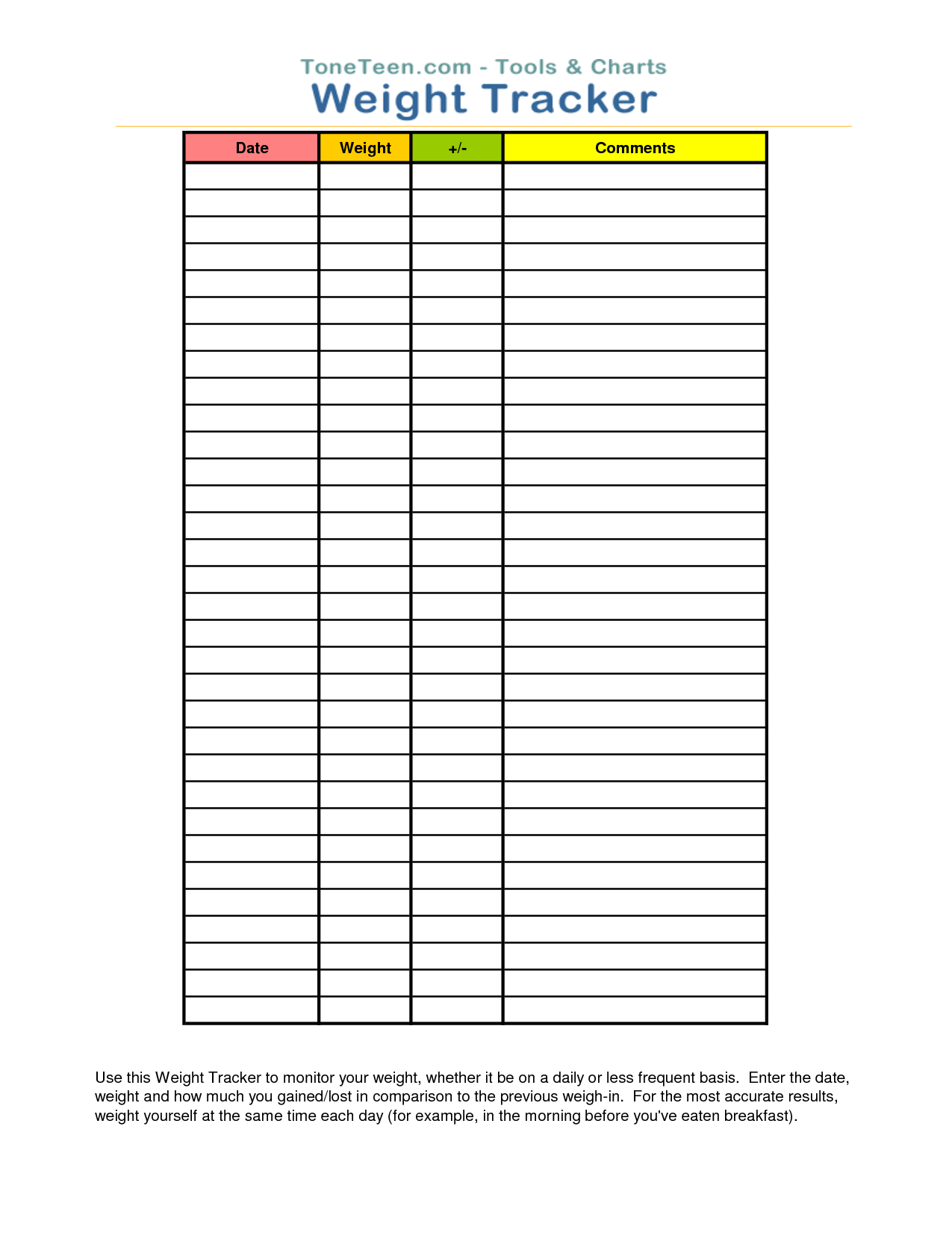 Free Printable Weight Loss Log | Toneteen Weight Tracker - Free Printable Weight Loss Chart