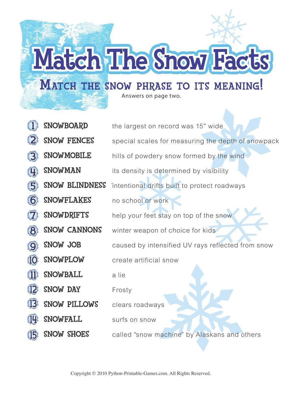 Free Printable Winter Game Match The Snow Facts Download | Fun Party - Free Holiday Games Printable