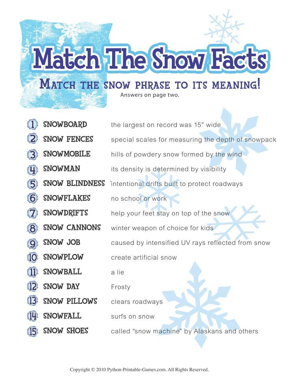 Free Printable Winter Game Match The Snow Facts Download | Fun Party - Free Printable Trivia Questions For Seniors