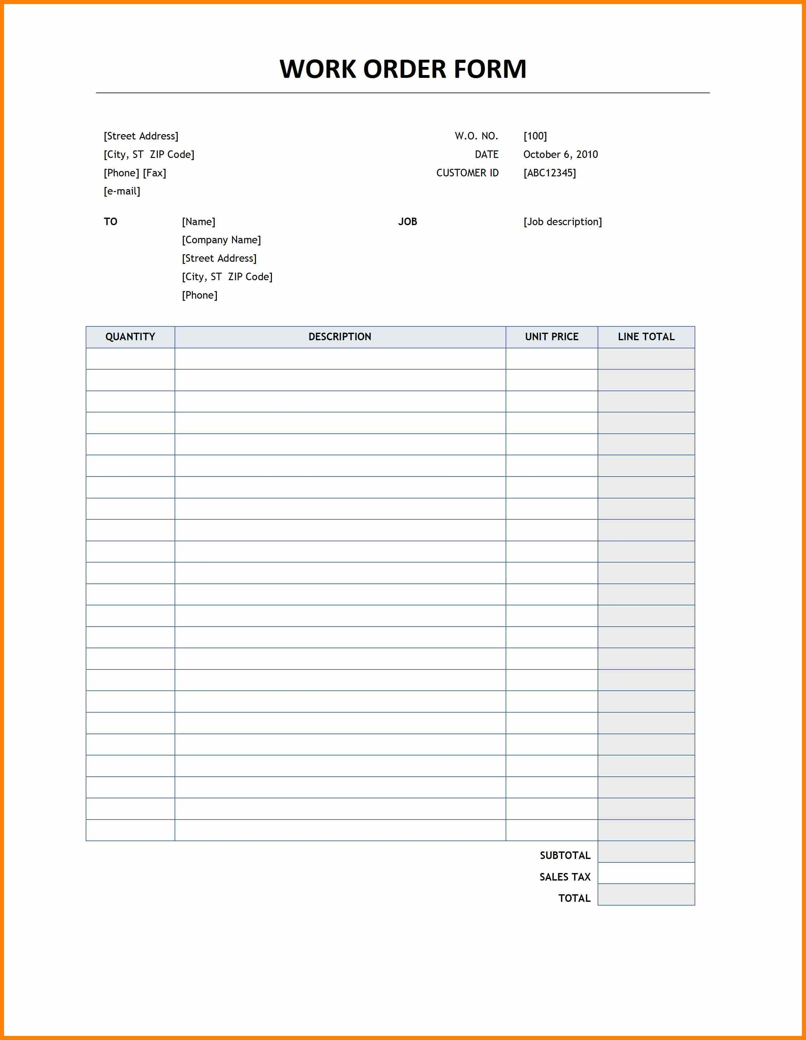 Free Printable Work Order Template Blank Work Order Forms Free Papel - Free Printable Work Order Template