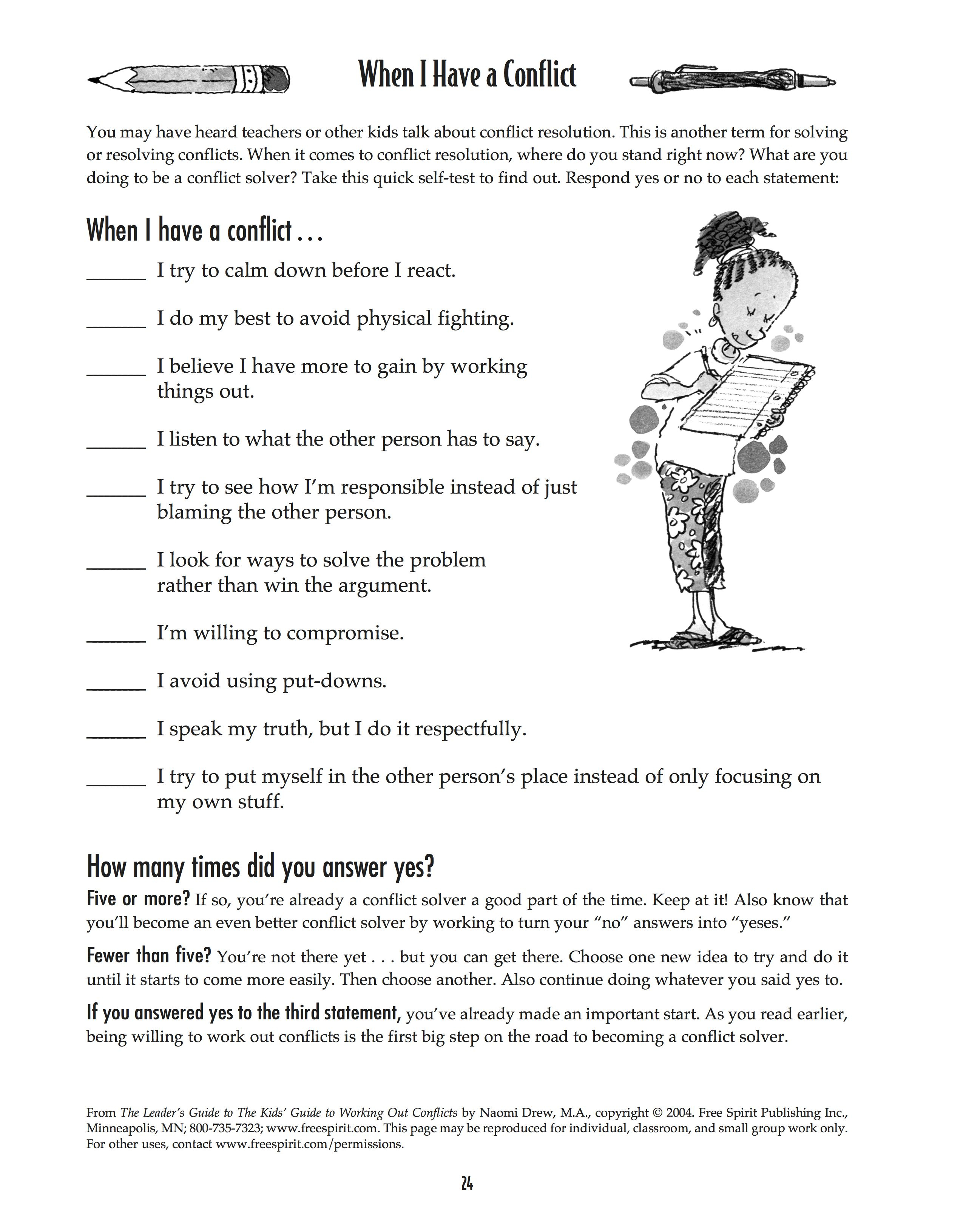 Free Printable Worksheet: When I Have A Conflict. A Quick Self-Test - Free Printable Social Stories Worksheets