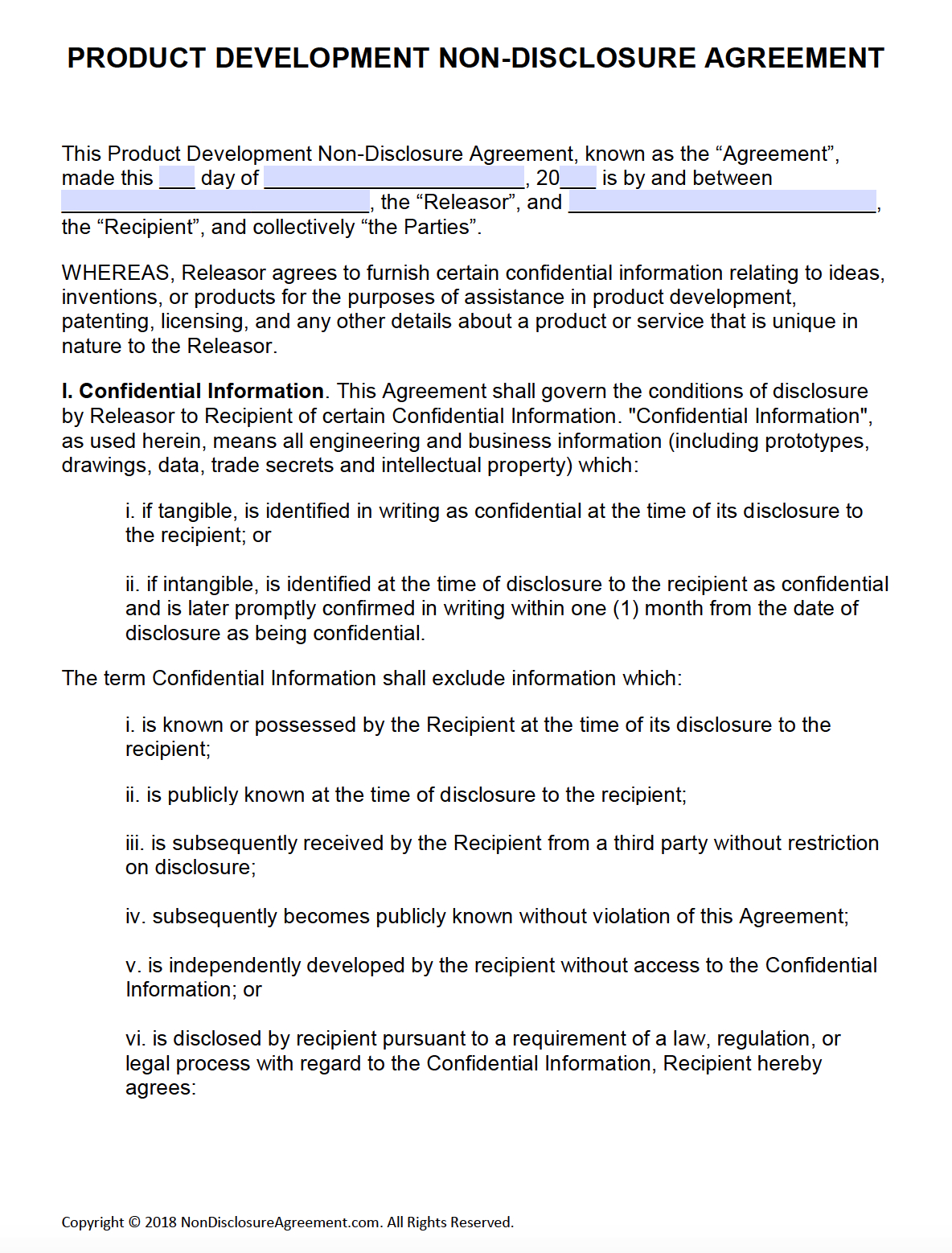 Free Product Development Non-Disclosure Agreement (Nda) – Pdf – Word - Free Printable Non Disclosure Agreement Form