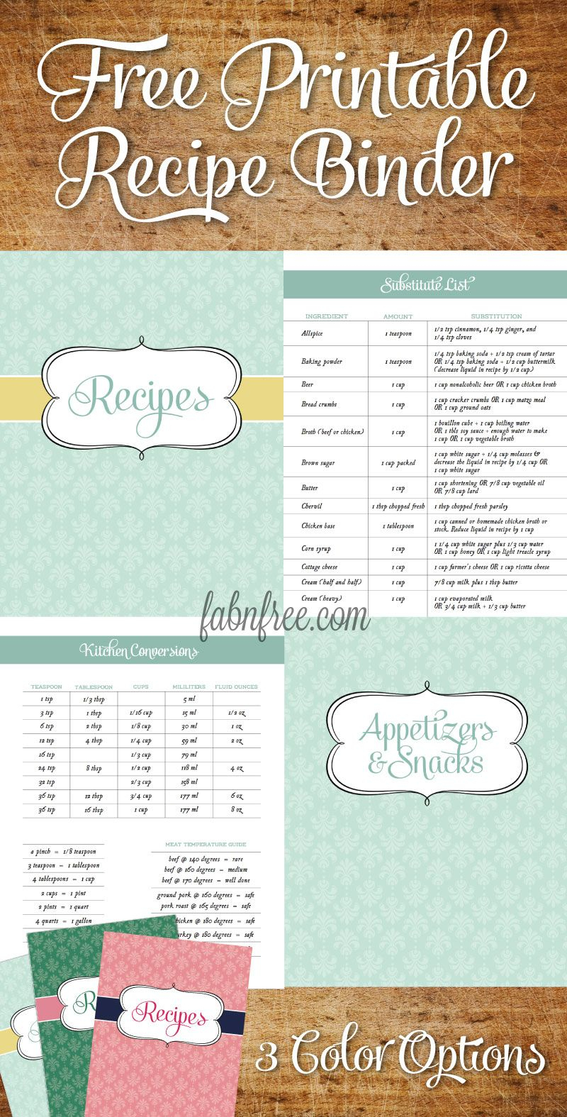 Free Recipe Binder In 3 Color Options | Pinterest | Livres De - Free Printable Recipes