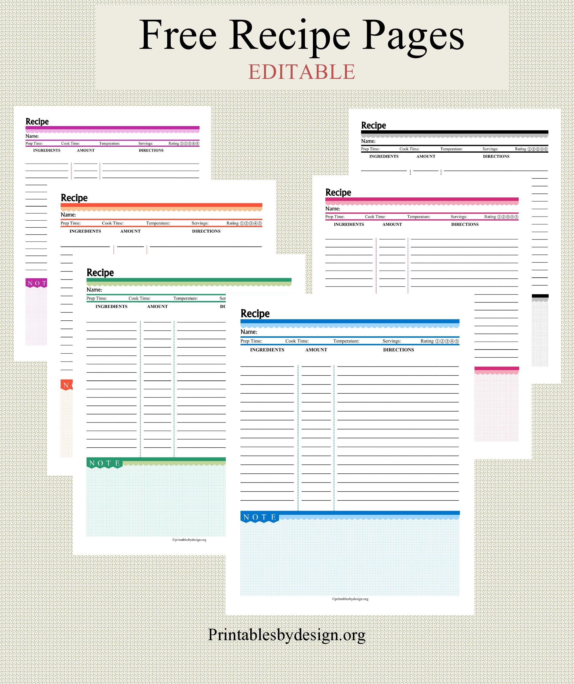 Free Recipe Pages In 6 Colors To Choose From. Editable. | Recipe - Free Printable Recipe Pages