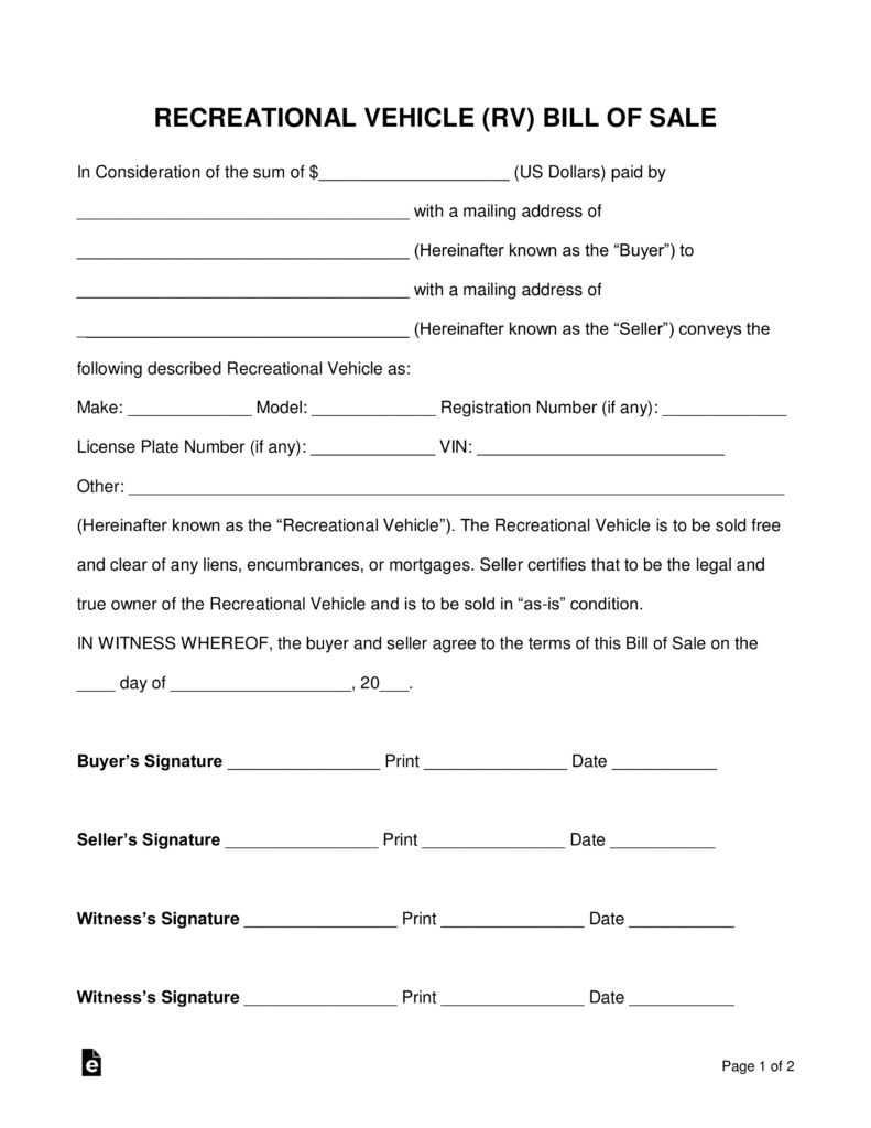 Free Recreational Vehicle (Rv) Bill Of Sale Form - Word | Pdf - Free Printable Blank Auto Bill Of Sale