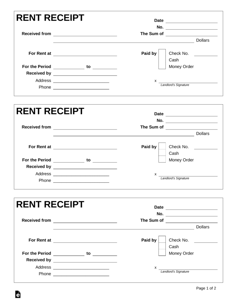 Free Rent Receipt Template - Pdf | Word | Eforms – Free Fillable Forms - Free Printable Blank Receipt Form