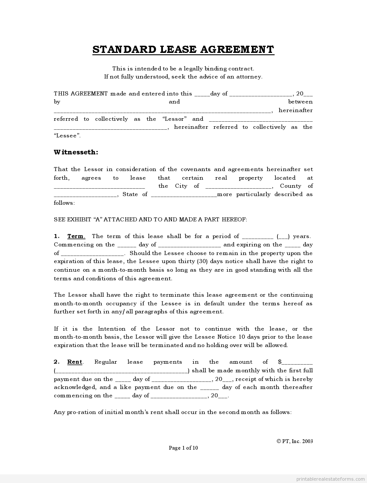 Free Rental Agreements To Print | Free Standard Lease Agreement Form - Free Printable Landlord Forms