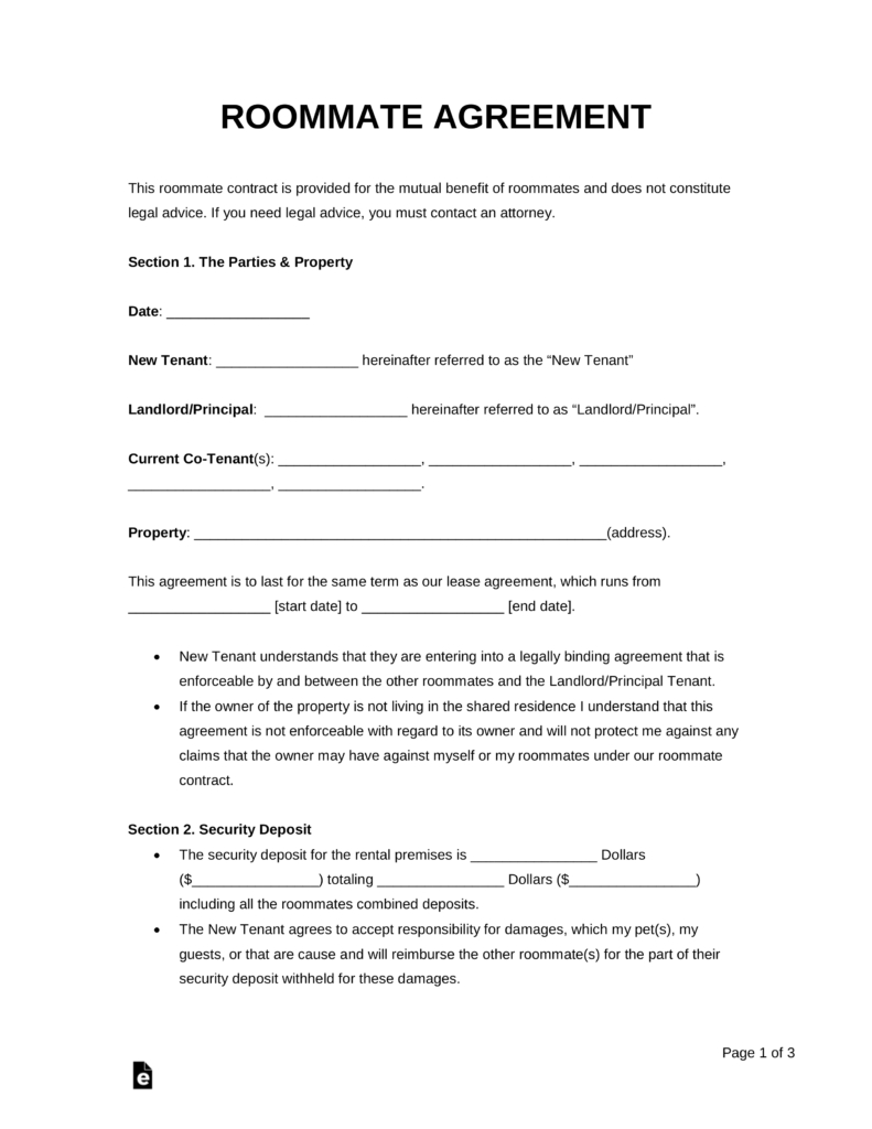 Free Roommate (Room Rental) Agreement Template - Pdf | Word | Eforms - Free Printable Roommate Rental Agreement