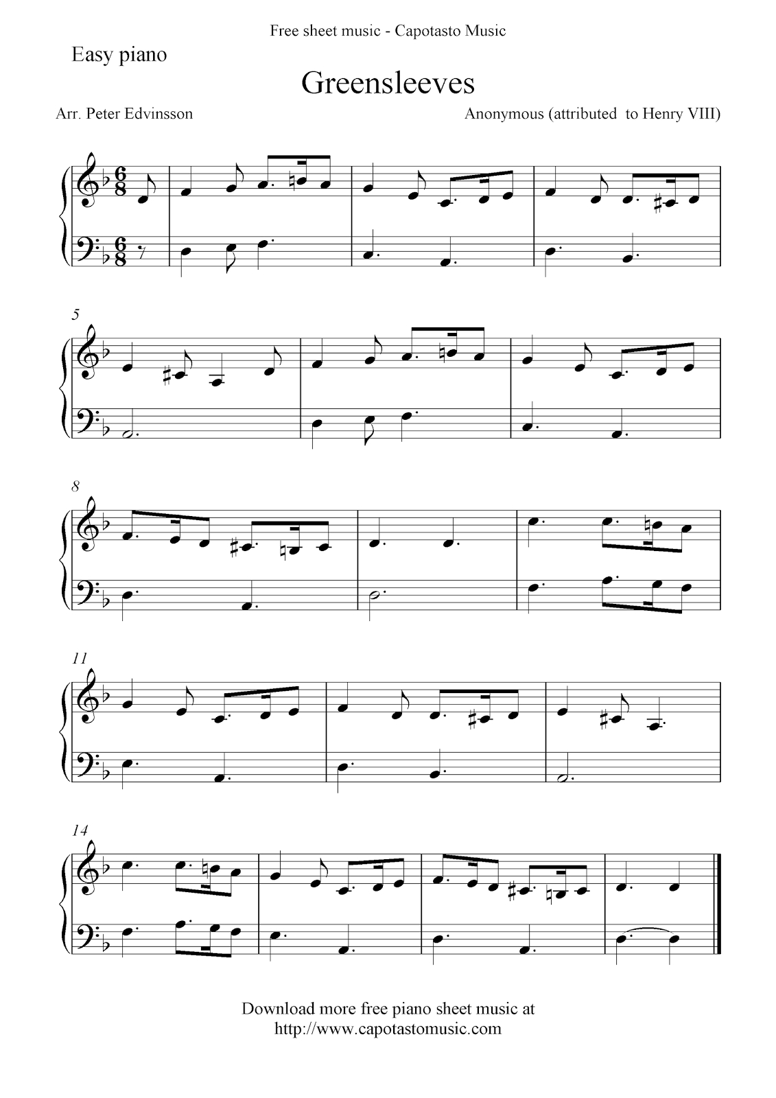 Free Sheet Music Scores: Free #piano Sheet Music Notes, Greensleeves - Free Printable Classical Sheet Music For Piano