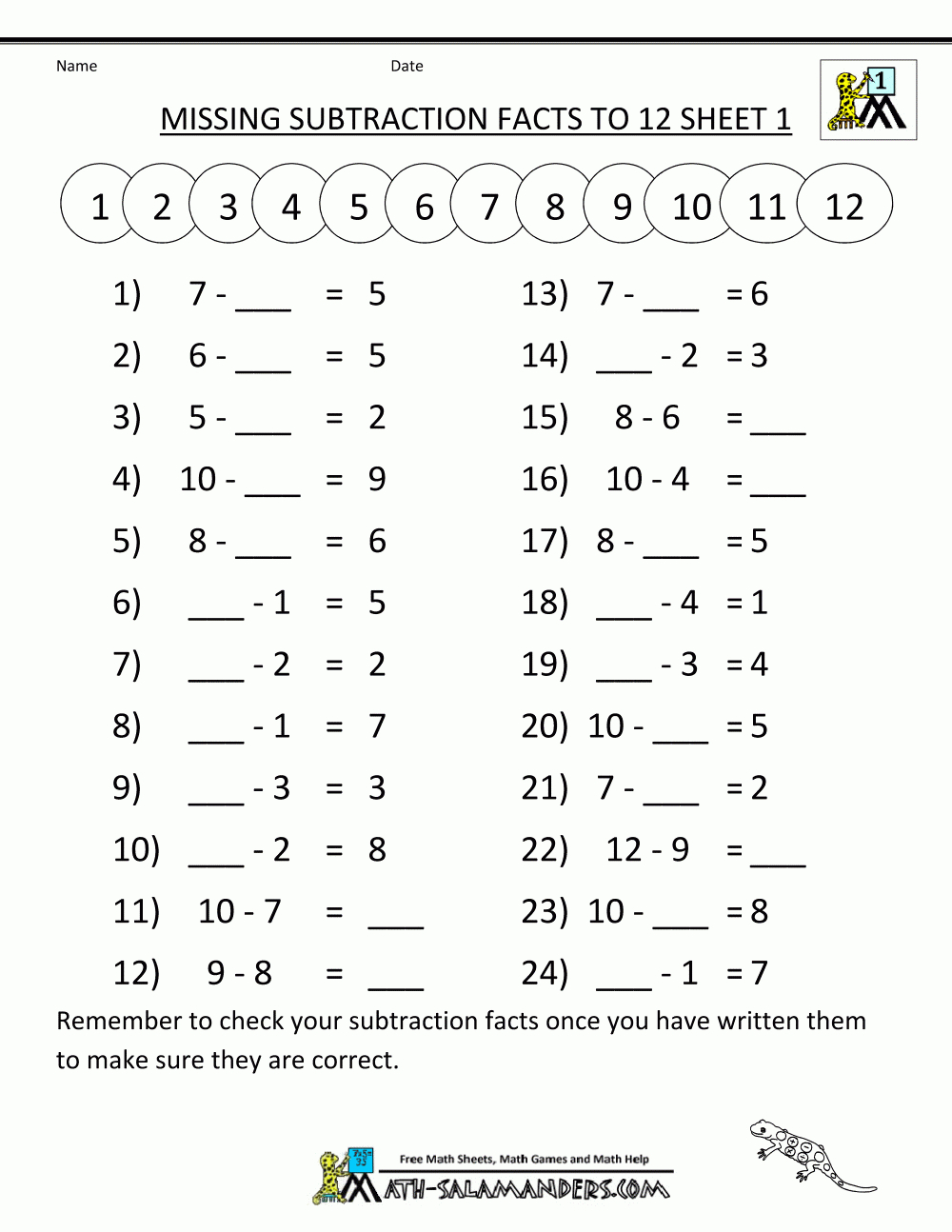 Free Subtraction Worksheets Missing Subtraction Facts To 12 1 - Free Printable Math Worksheets Addition And Subtraction