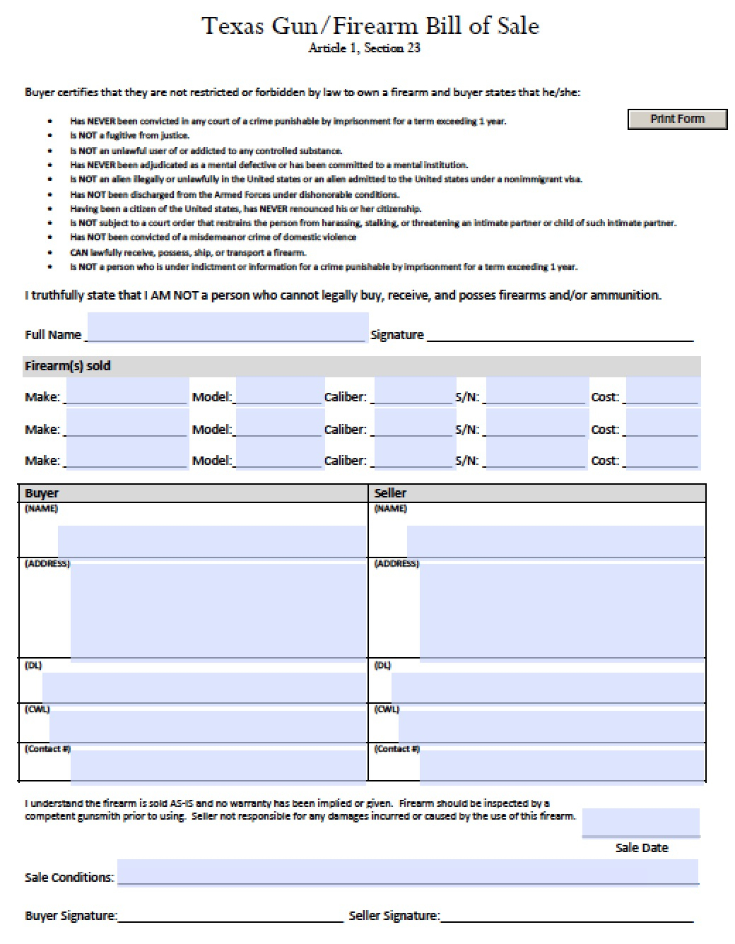 Free Texas Gun/firearm Bill Of Sale Form | Pdf | Word (.doc) - Free Printable Texas Bill Of Sale Form