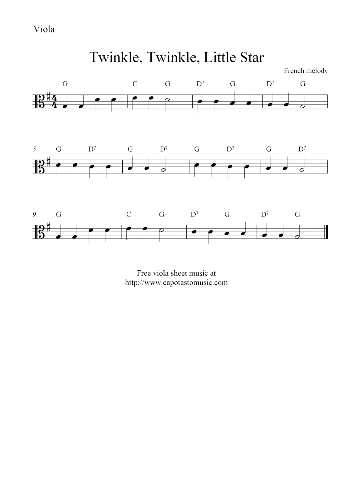 Free Viola Sheet Music, Twinkle, Twinkle, Little Star - Viola Sheet Music Free Printable