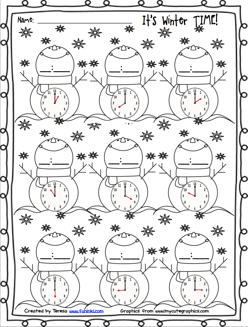 Free Winter Printables For Telling Time. | Firstgradefaculty - Free Printable Telling Time Worksheets For 1St Grade