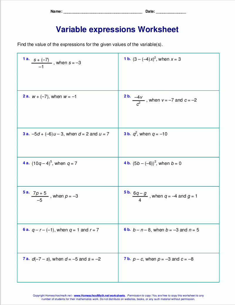 Free Worksheets For Evaluating Expressions With Variables; Grades 6 - Free Printable Algebra Worksheets Grade 6
