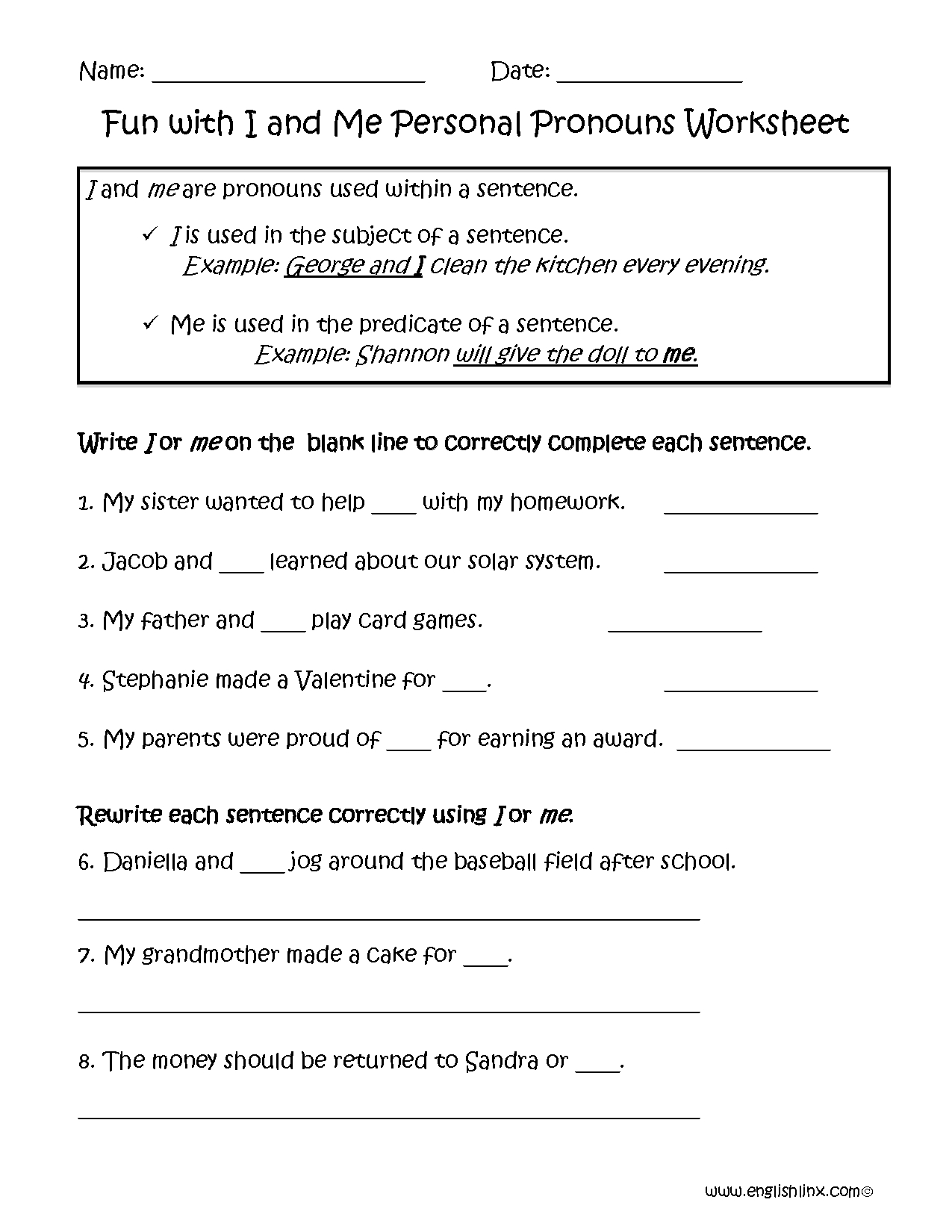 Fun I Or Me Personal Pronouns Worksheets | Englishlinx Board - Free Printable Pronoun Worksheets For 2Nd Grade