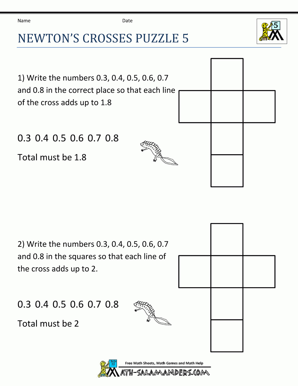 Fun Math Worksheets Newtons Crosses Puzzle 5 | Activities For Kids - Free Printable Math Puzzles