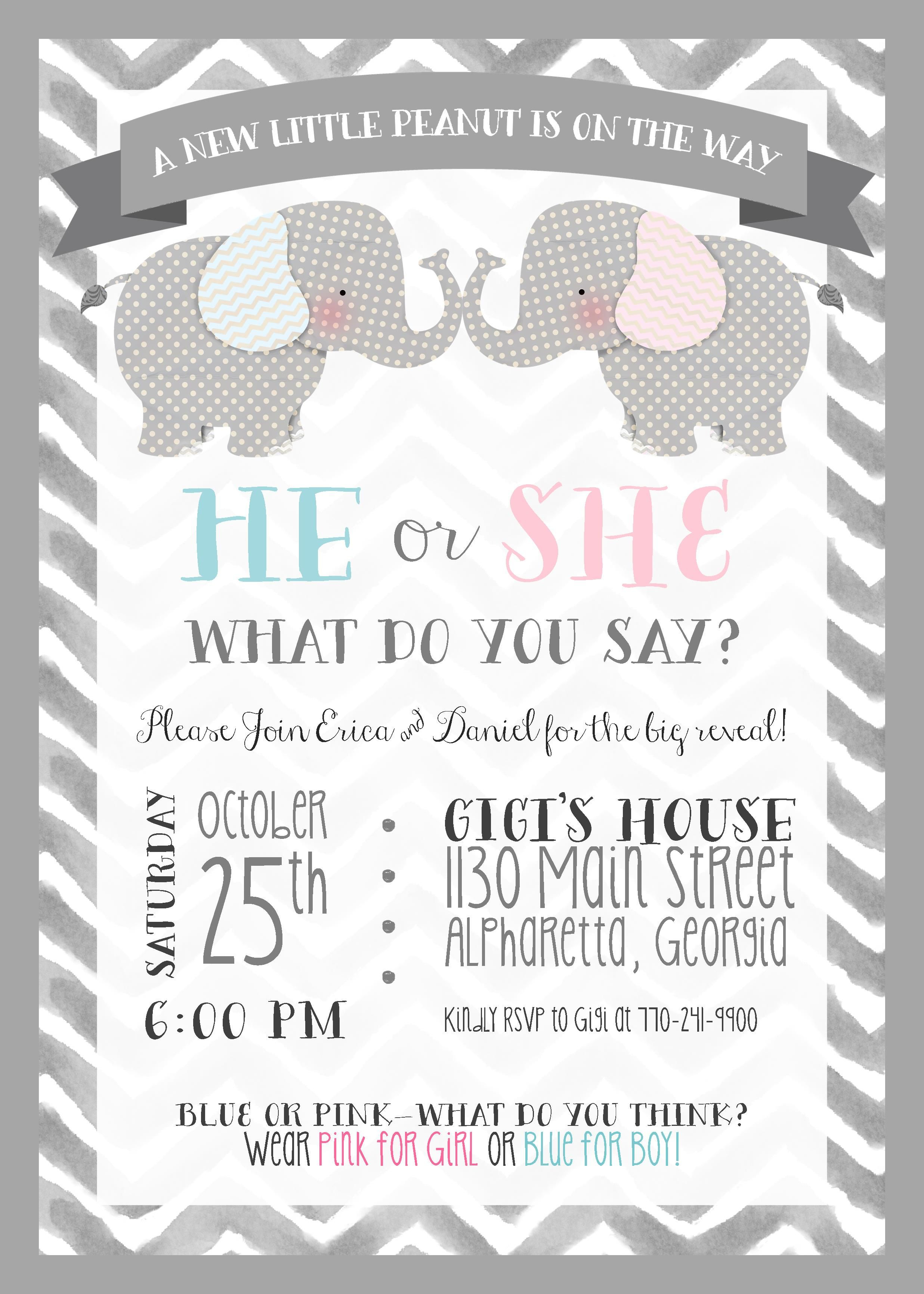 Gender Reveal - Party Invitation - Elephant Theme - Little Peanut - Free Printable Gender Reveal Invitations