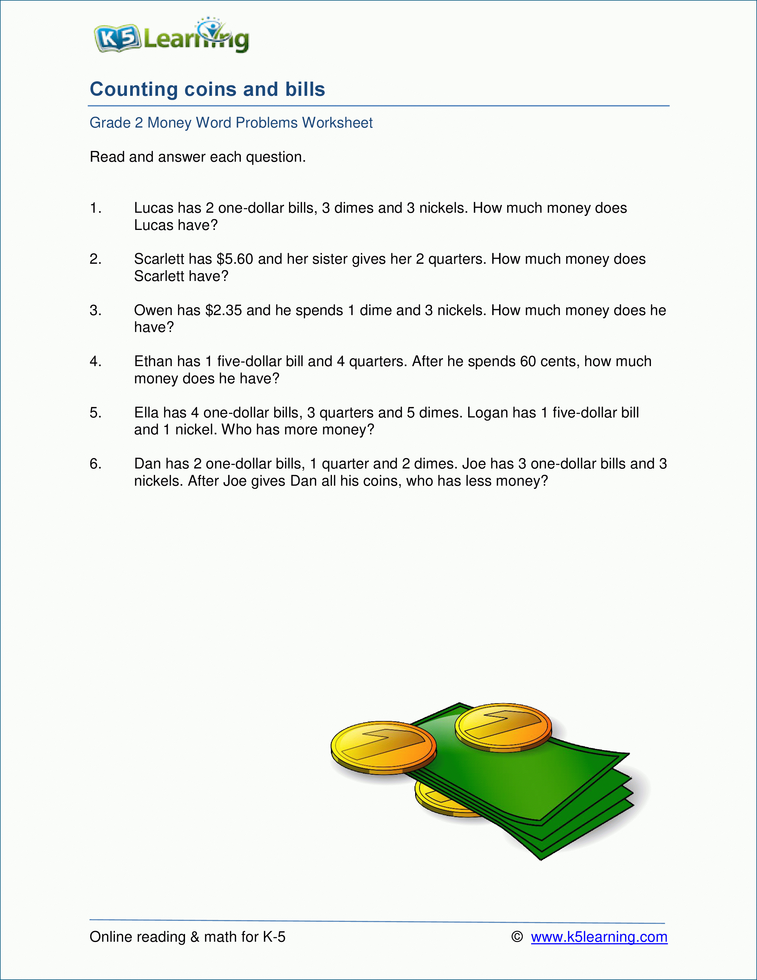 Grade 2 Money Word Problem Worksheets | K5 Learning - Free Printable Money Word Problems Worksheets