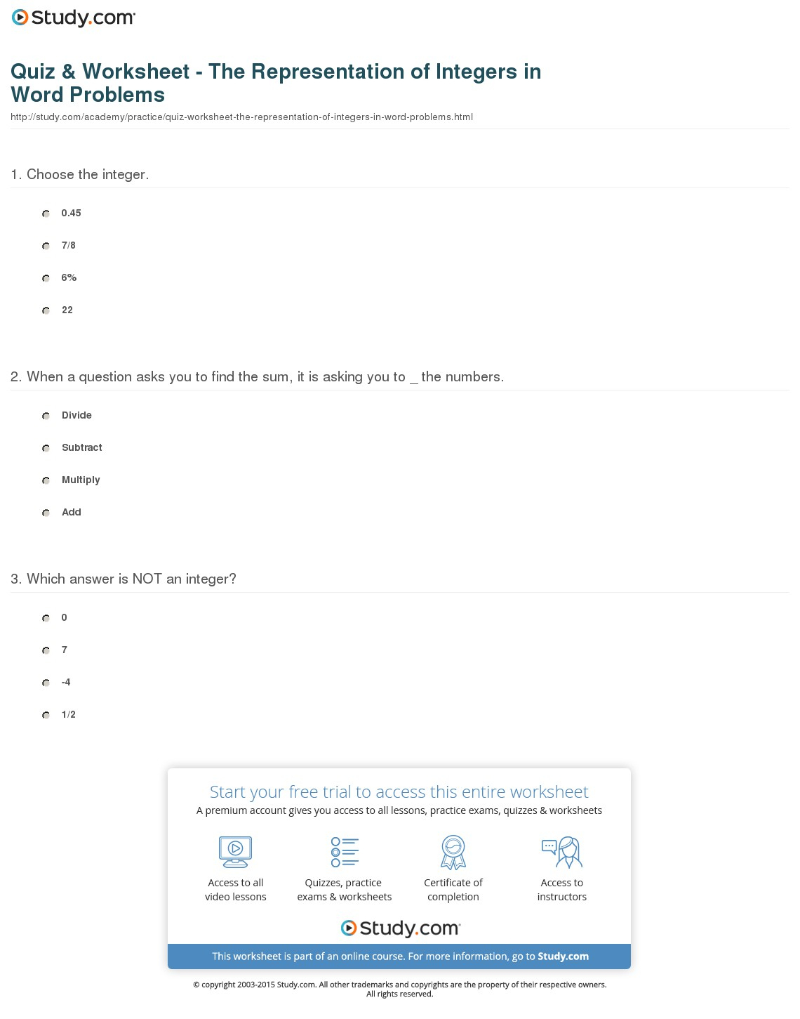 Grade Quiz &amp;amp; Worksheet The Representation Of Integers In Word - Free Printable Integer Worksheets Grade 7