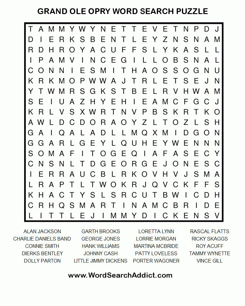 Grand Ole Opry Word Search Puzzle | Coloring &amp;amp; Challenges For Adults - Free Printable Word Search Puzzles Adults Large Print