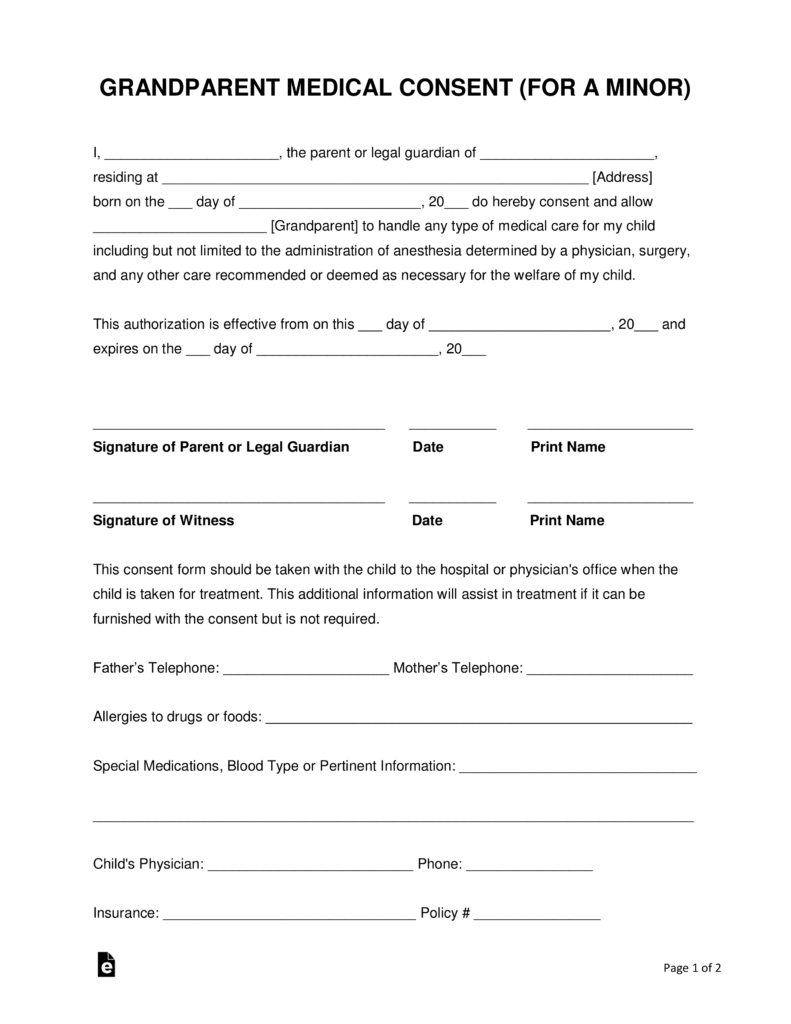 Grandparents&amp;#039; Medical Consent Form – Minor (Child) | Eforms – Free - Free Printable Caregiver Forms