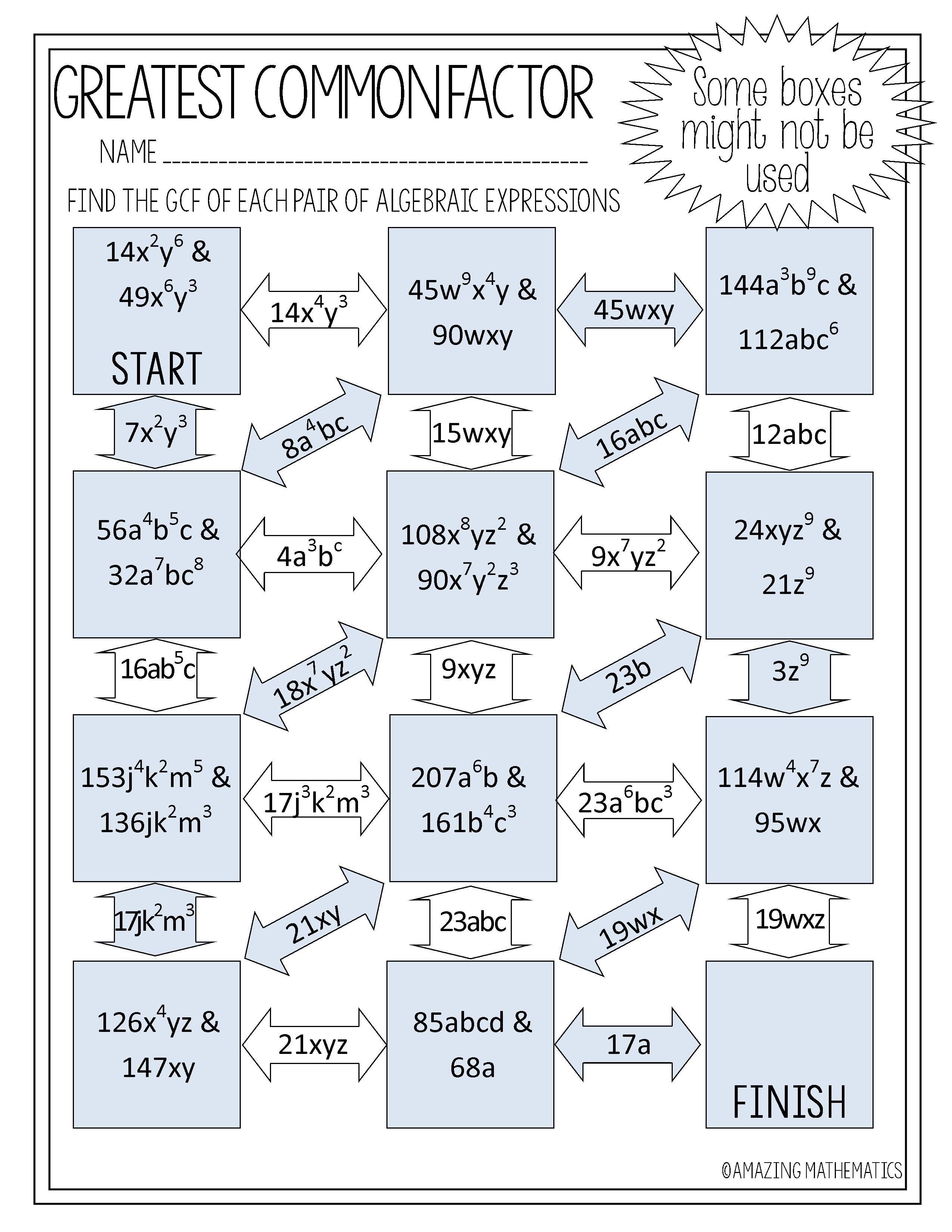 Greatest Common Factor Of Algebraic Expressions Maze | Teaching Math - Free Printable Greatest Common Factor Worksheets