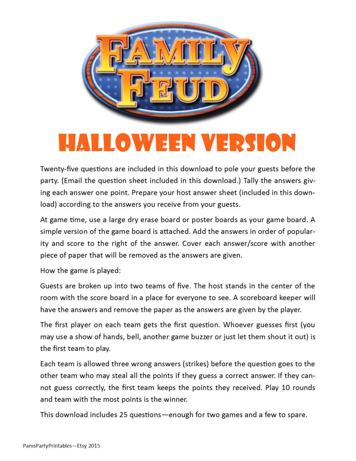 Halloween Friendly Feud 20 Questions And Answers - Printable Game - Free Printable Halloween Play Scripts