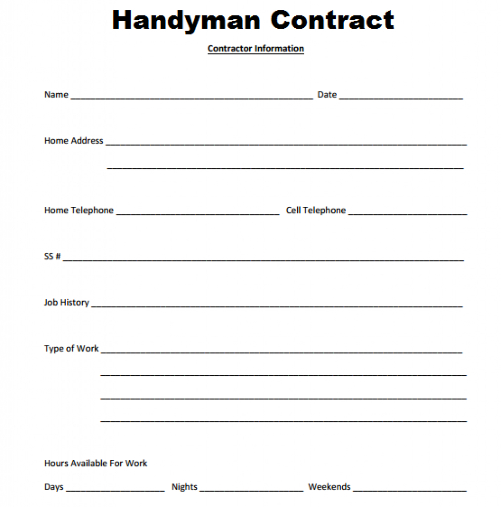 Handyman Contract Sample Handyman Contract Templates Find Word - Free Printable Handyman Contracts