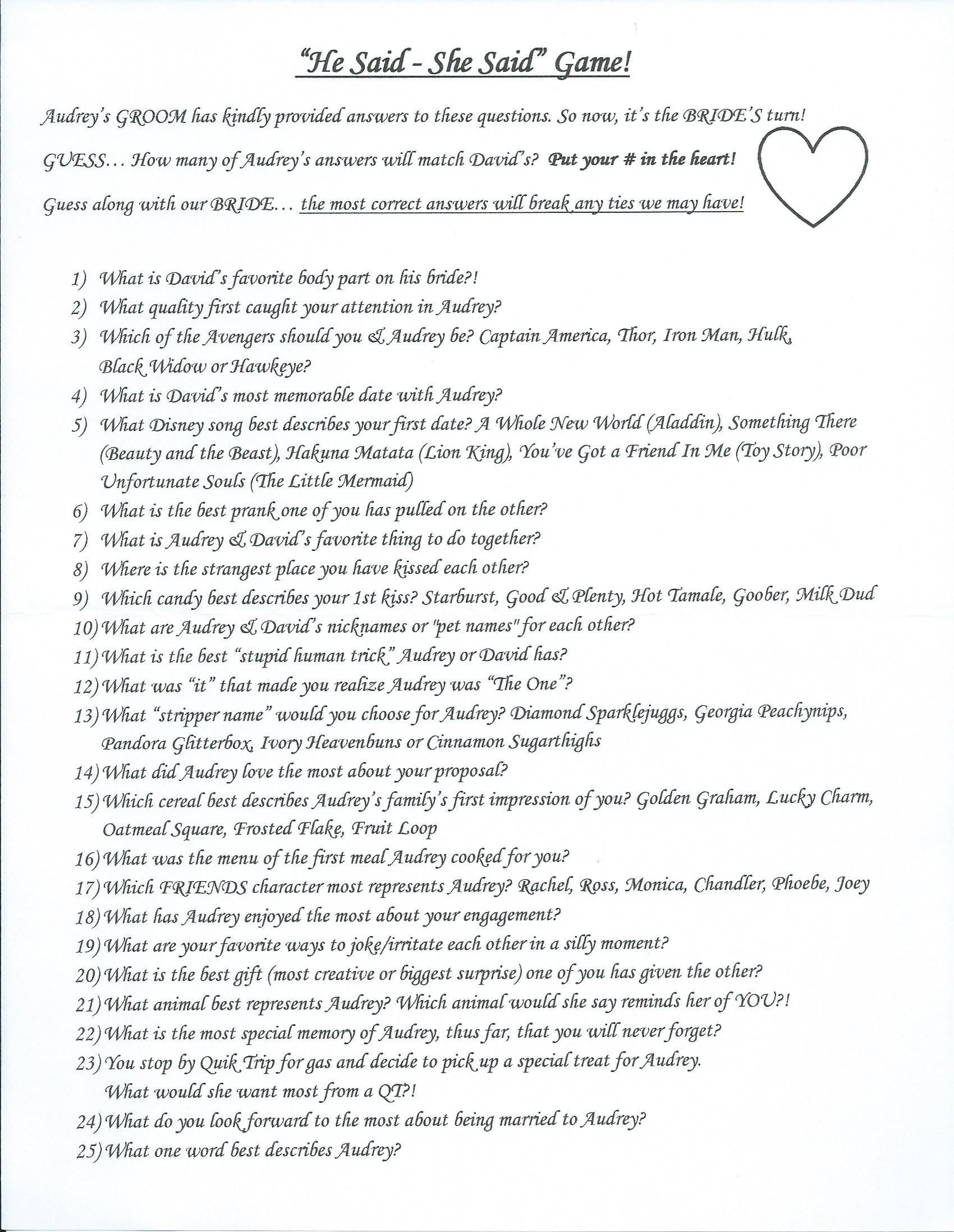 He Said - She Said&amp;quot; Game. I Emailed The Groom These Questions A Week - He Said She Said Game Free Printable