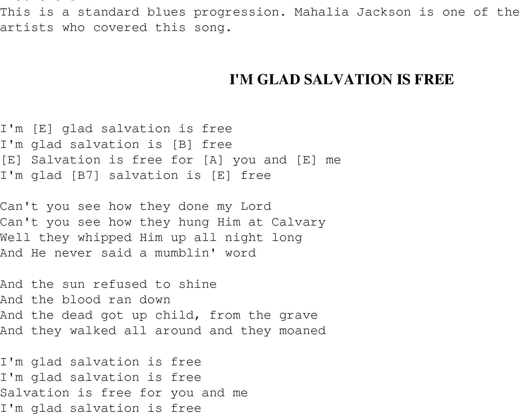 I&amp;#039;m Glad Salvation Is Free - Christian Gospel Song Lyrics And Chords - Free Printable Lyrics To Christian Songs