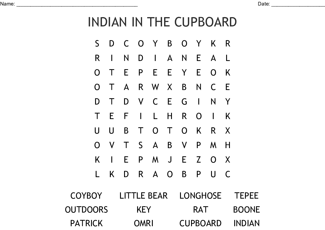 Indian In The Cupboard Word Search - Wordmint - Indian In The Cupboard Free Printable Worksheets