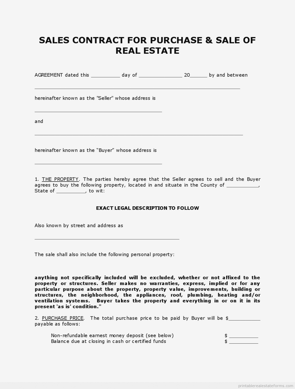 Indiana Real Estate Purchase Agreement 10 Simple Free Printable - Free Printable Real Estate Contracts
