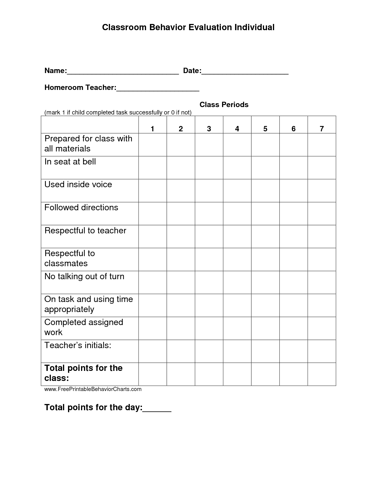 Individual Student Behavior Chart Printable | Printable Individual - Free Printable Behavior Charts For Elementary Students