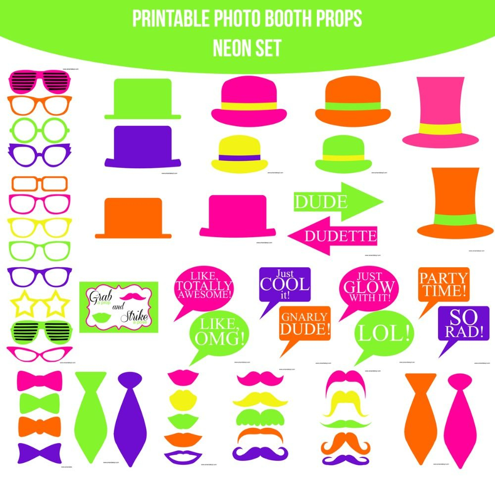 Instant Download Neon 80S 80&amp;#039;s Printable Photo Booth Prop Set | Glow - 80S Photo Booth Props Printable Free