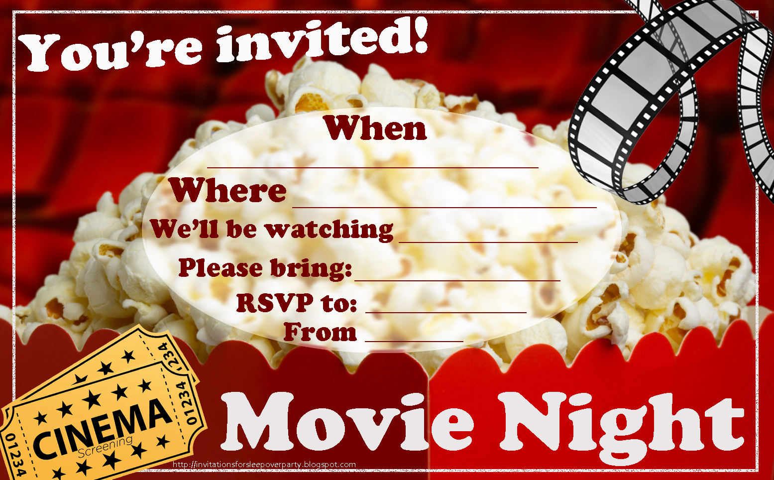 Invitations For Sleepover Party - Movie Night Birthday Invitations Free Printable