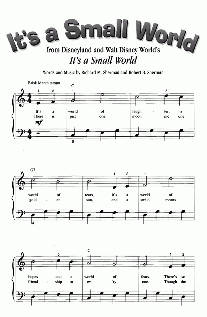 It&amp;#039;s A Small World Piano Sheet Music – Guitar Chords – Walt Disney - Piano Sheet Music For Beginners Popular Songs Free Printable