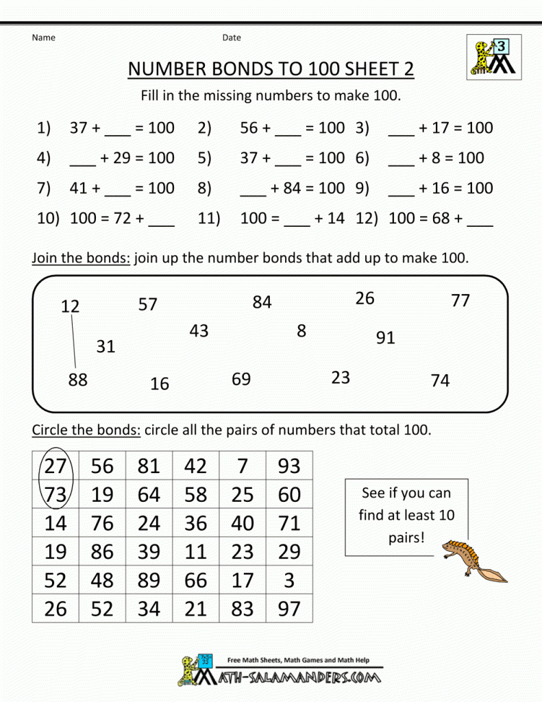 Kindergarten Math Worksheets For Kids Number Bonds To 100 Ks1 Maths - Free Printable Maths Worksheets Ks1