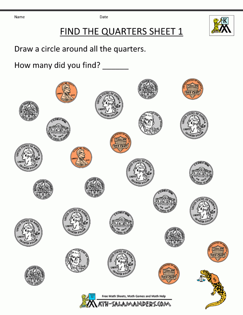 Kindergarten Money Worksheets Find The Quarters 1 | Student - Free Printable Money Worksheets Australia