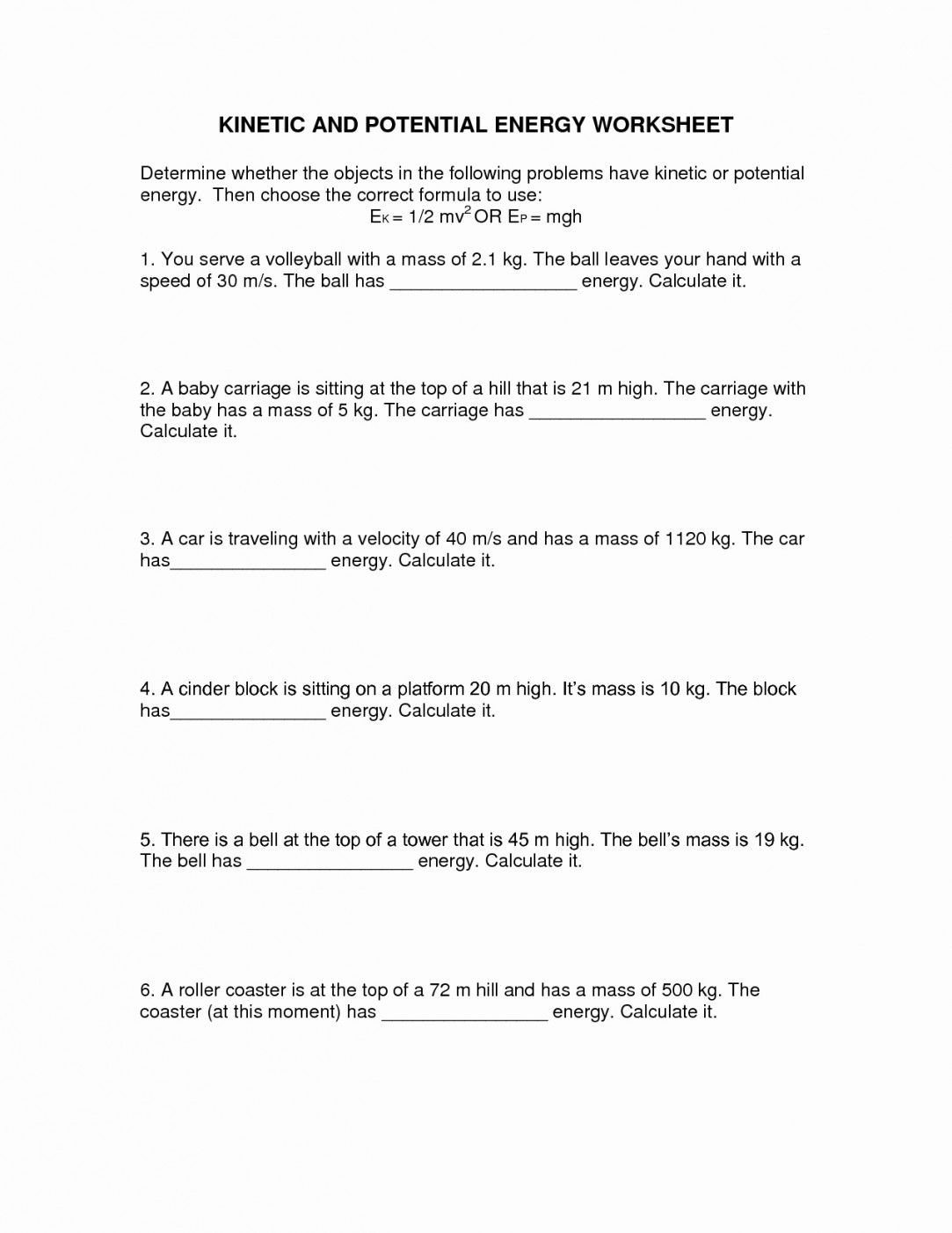 Kinetic And Potential Energy Worksheet Key | Lostranquillos - Free Printable Worksheets On Potential And Kinetic Energy