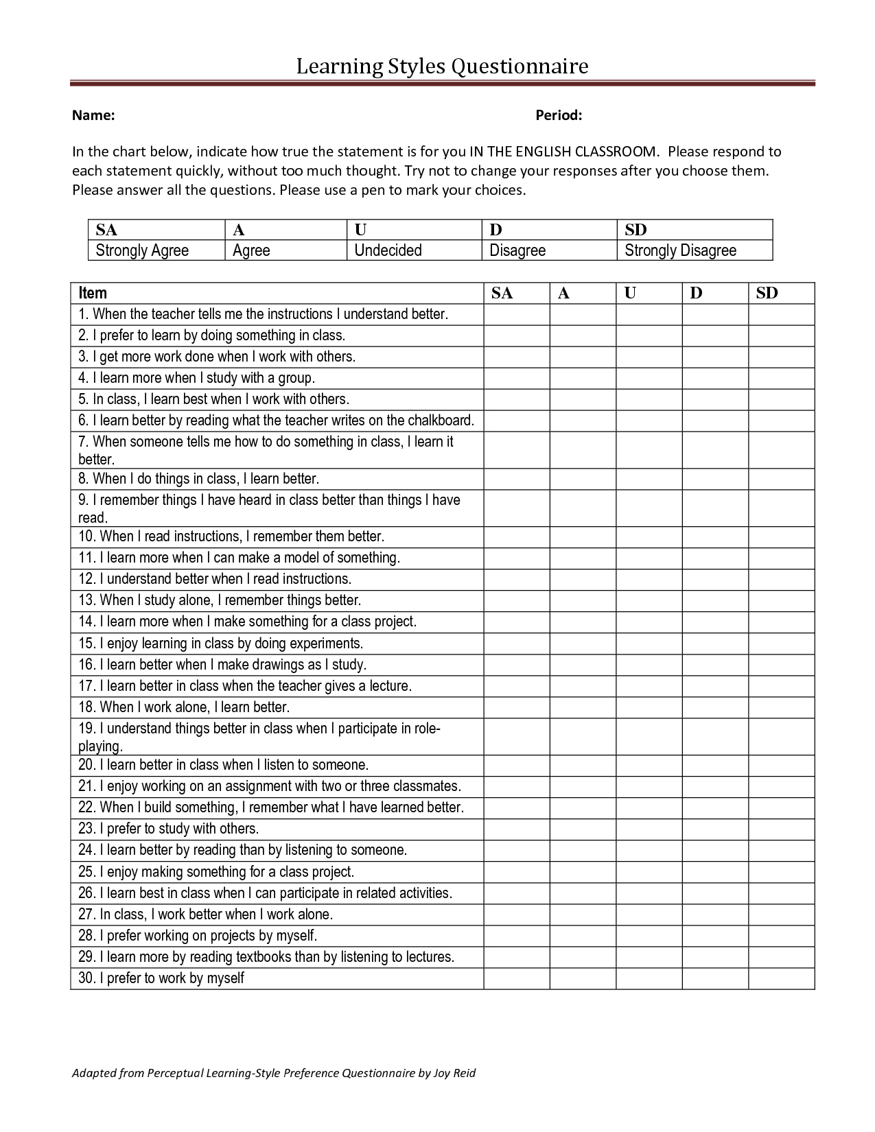 Free Printable Learning Styles Questionnaire Free Printable