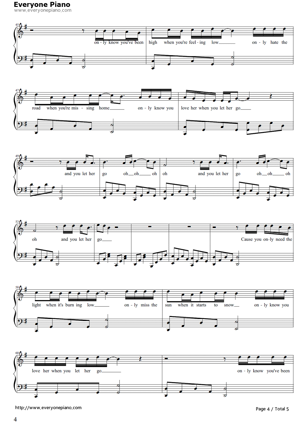 Let Her Go-Passenger（Mike Rosenberg） Stave Preview 4 | Music | Let - Airplanes Piano Sheet Music Free Printable