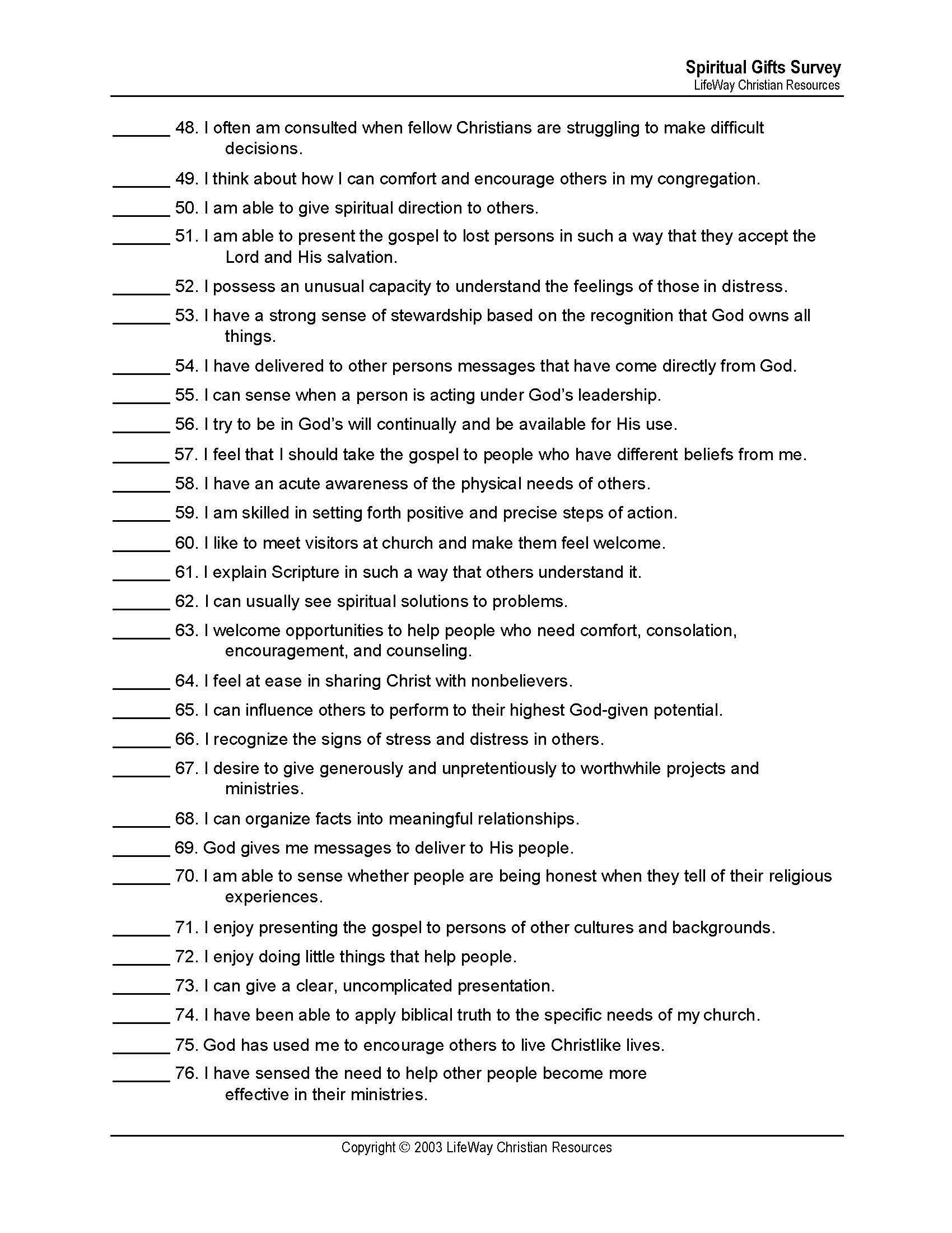 Free Printable Spiritual Gifts Inventory Free Printable