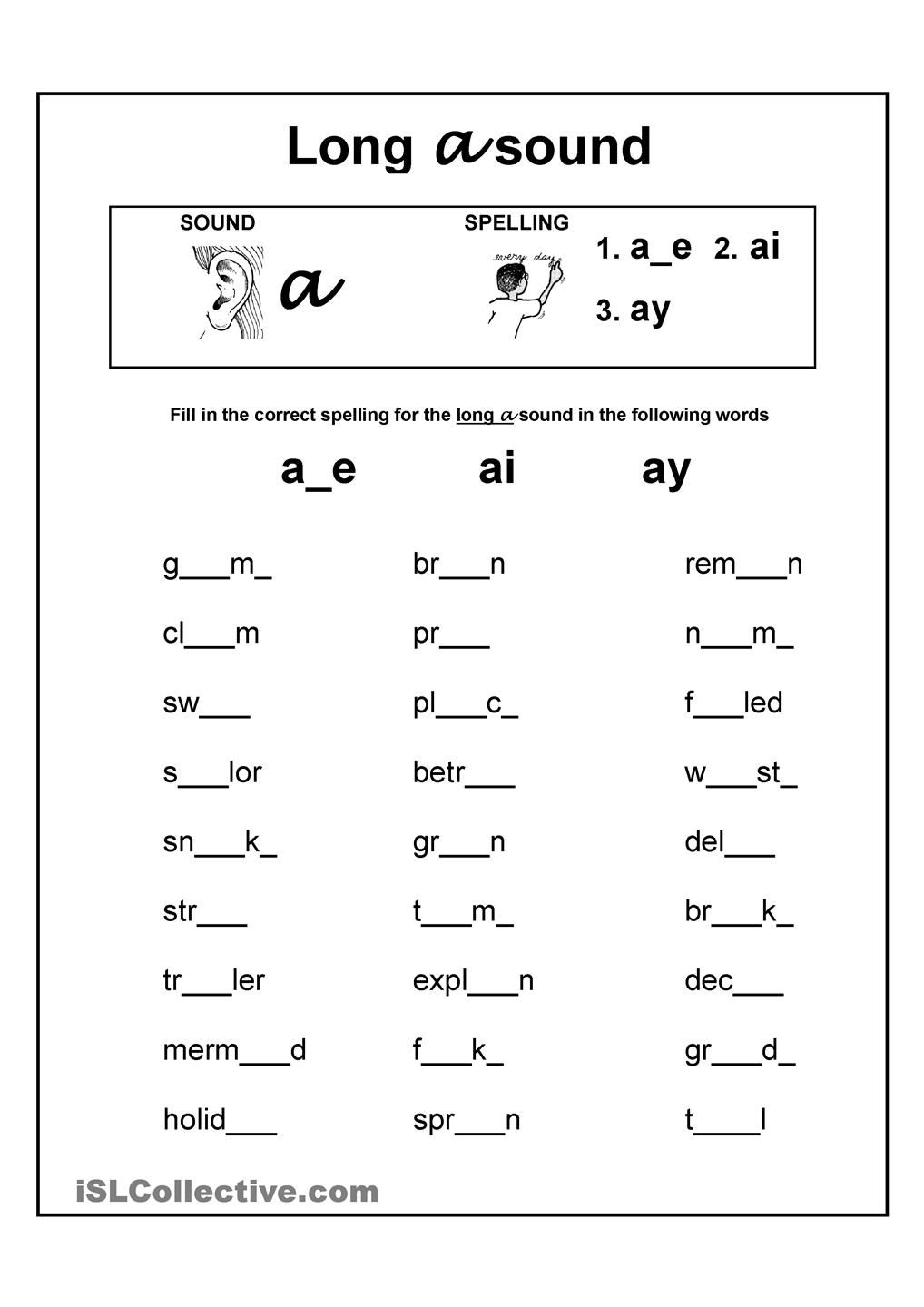 Long A Vowel Sound Worksheet. &amp;#039;a_E&amp;#039;; &amp;#039;ai&amp;#039;; &amp;amp; &amp;#039;ay&amp;#039; | Teaching - Free Printable Grade 1 Phonics Worksheets