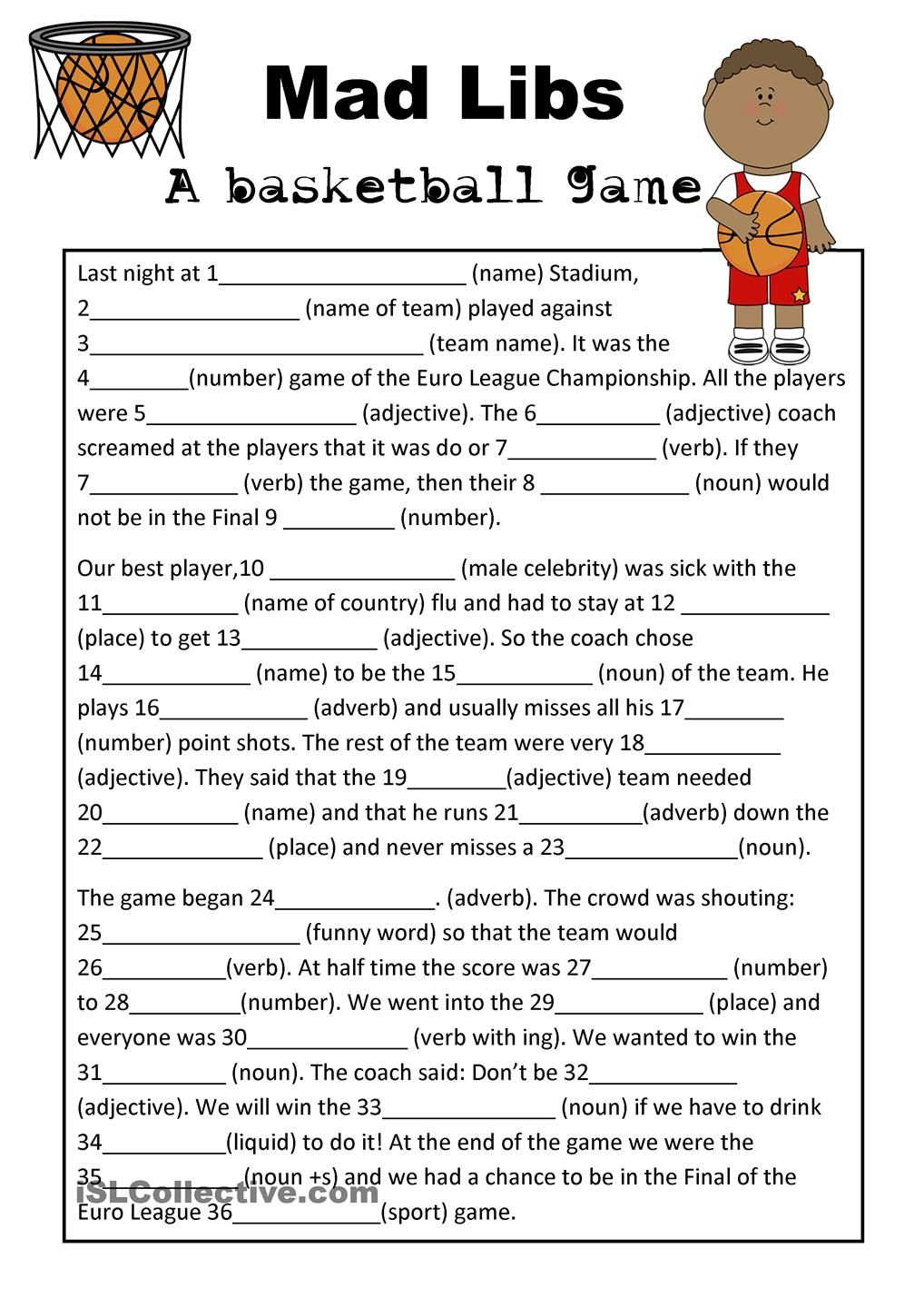 Mad Libs Basketball Game | Teaching Esl | Mad Libs, Free Mad Libs - Free Printable Mad Libs For Middle School Students