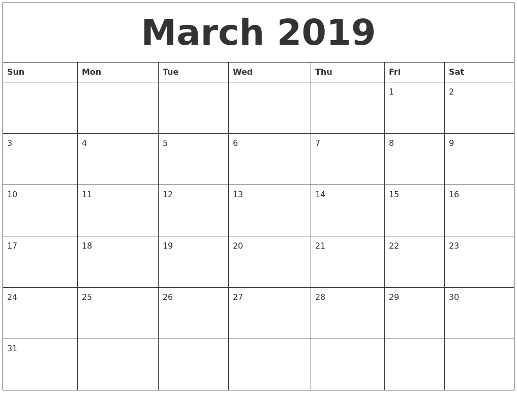 March 2019 Calendar Printable – Free Templates – Printable Calendar 2019 - Free Printable March Activities