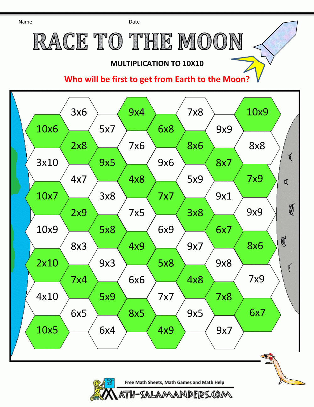 Math Multiplication Games Race To The Moon Multiplication To 10X10 - Free Printable Maths Games